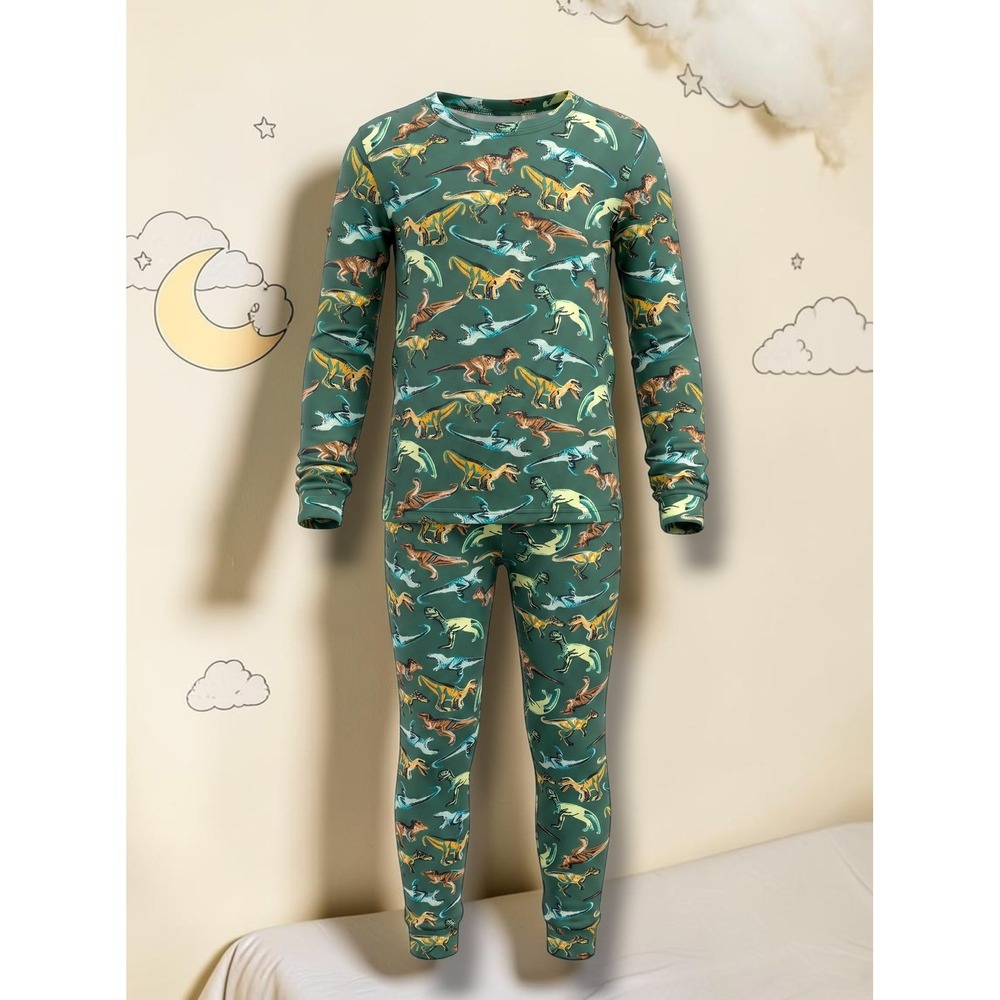 Dinosaur Print Long Sleeve Snug Fit Pajama Set Green Kids